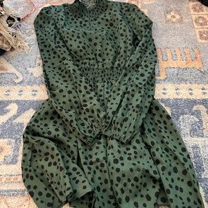 Olive green black details high neck dress